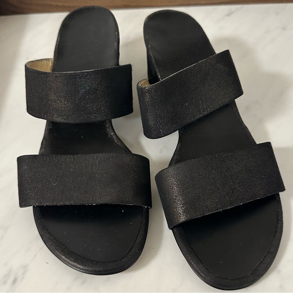 Sparkly black block heeled two strap sandals heels Paul Green size 9
